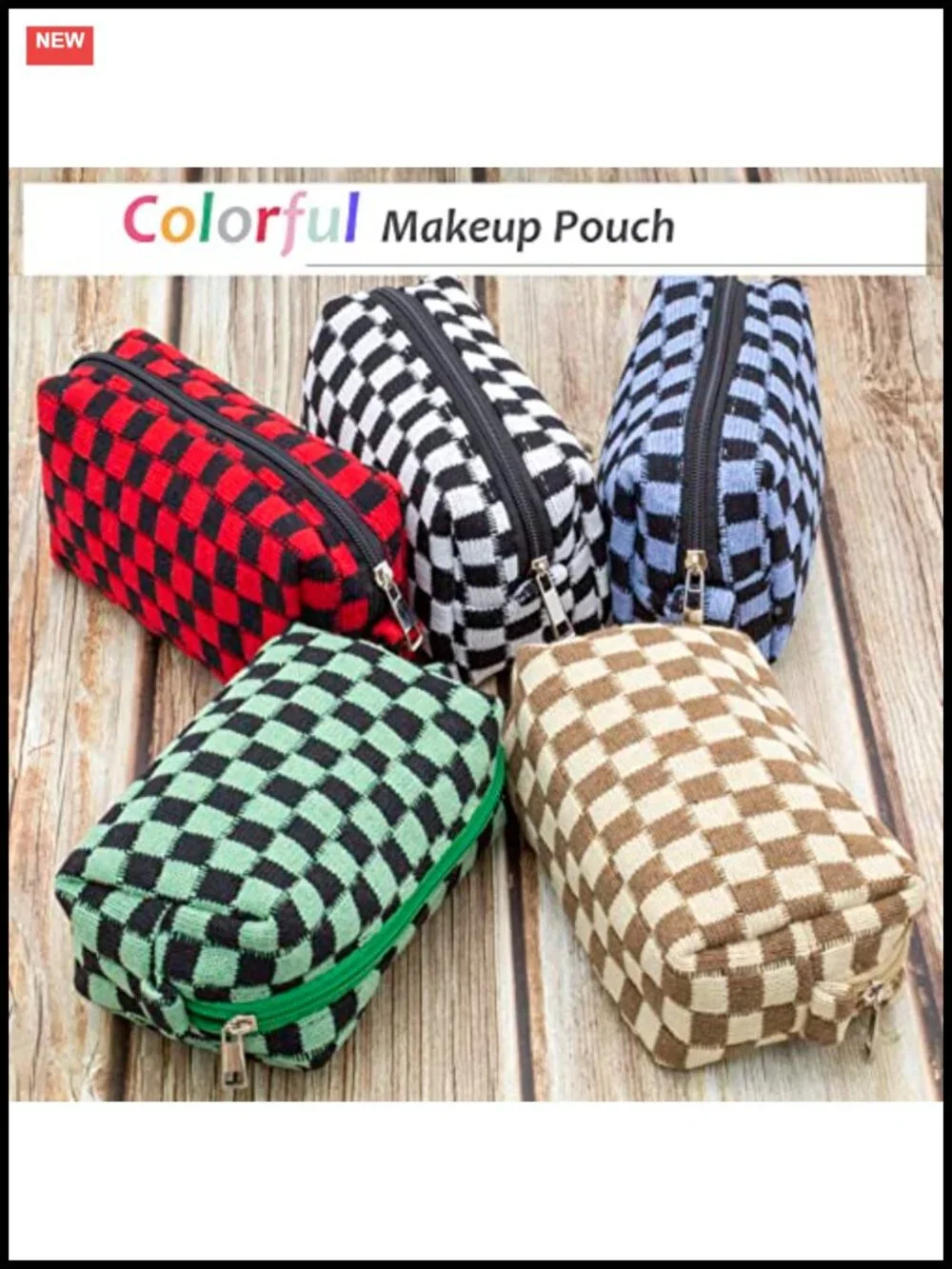 Checkered Zipper Cosmetic Bag Travel Makeup Organizer Women Toiletry Pouch
